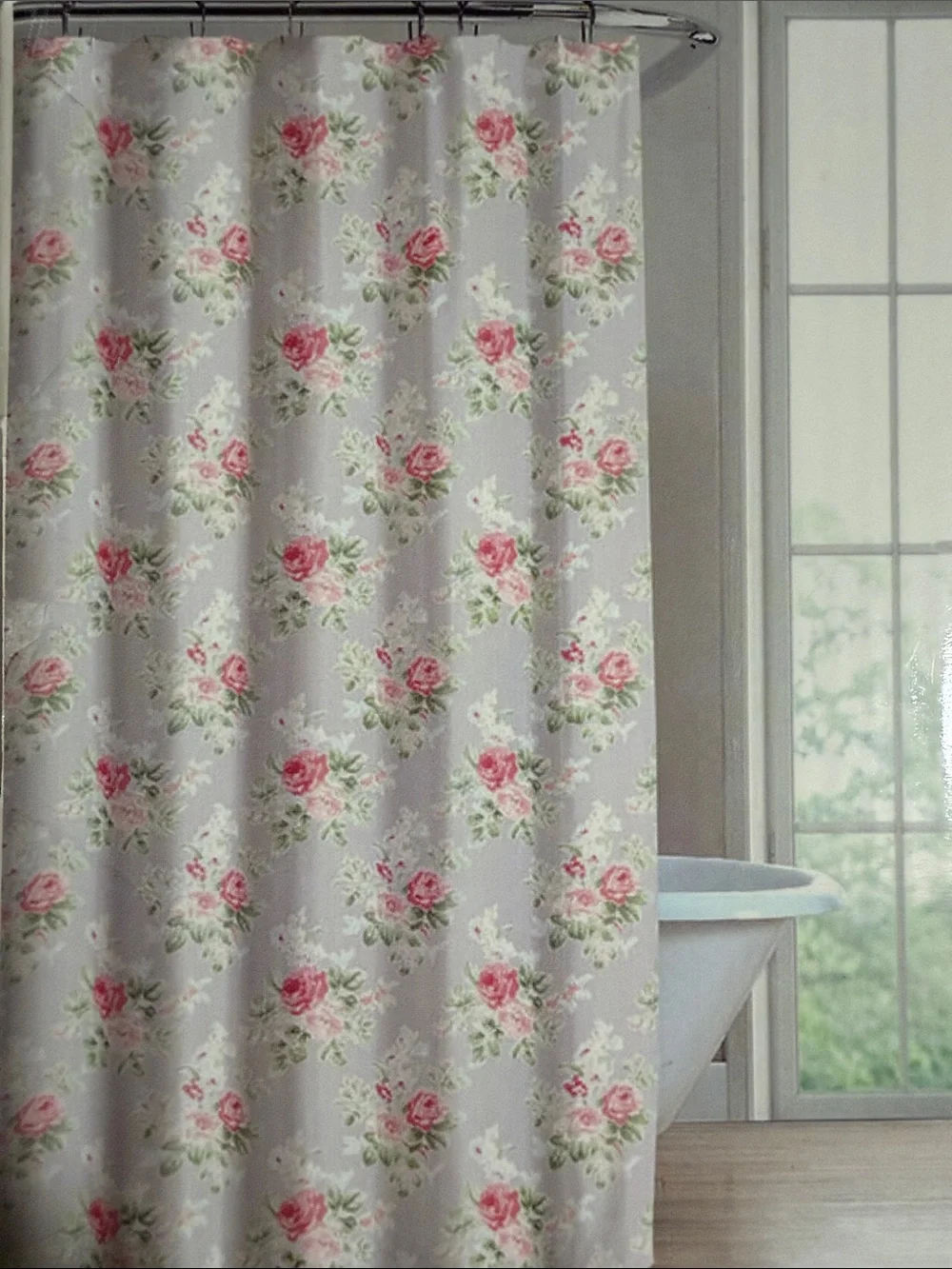 Laura Ashley Floral Shower Curtain in Pink and Soft Gray